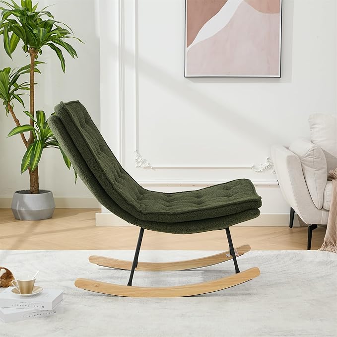 Lazy Rocking ChairComfortable Lounge Chair with Wide Backrest and Seat Wood Base Upholstered Armless Rocker Chair for Living Room BalconyBedroom and Patio Porch. (Dark Green)