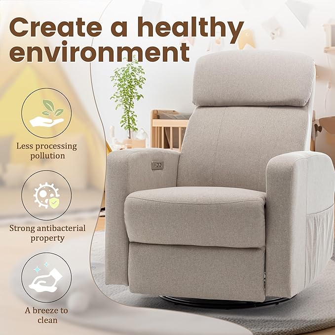 Power Swivel Recliner Chairs for Adults Electric Glider Rocking Chair Nursery Glider Recliner Nursery Chair with Classified Side Pocket Nursery Rocking Chairs with USB and Type-C Ports