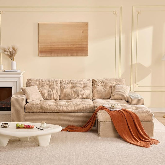 Modular Sectional Sofa 102” L-Shaped Corduroy Couch with Ottoman Deep Seat Comfy Sectional for Living Room Set of Soft Upholstered Cloud Couch for Apartment Camel