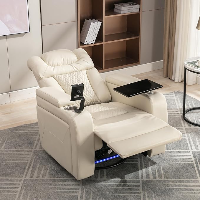 Beige Power Recliner Chair with Cupholders &amp Storage - Armchair Electric Reclining with USB Port 360° Swivel Tray Table Cell Phone Stand Ambient Lighting Leather Living Room Chair for Home The