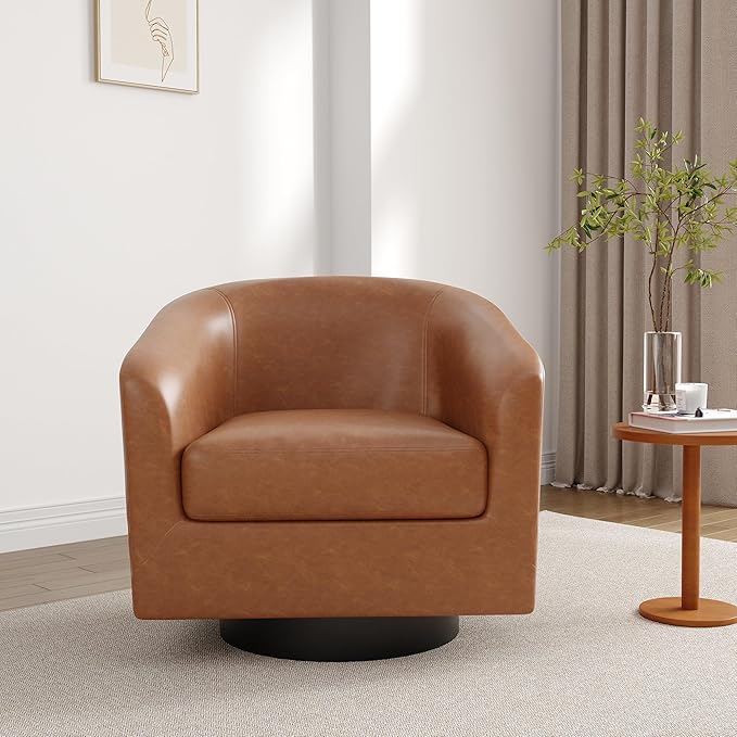 Lumibee Faux Leather Swivel Barrel Chairs Upholstered Comfy Round Swivel Accent Chair 360° Rotation Single Sofa Club Armchair for Living Room Reading Room Bedroom Brown