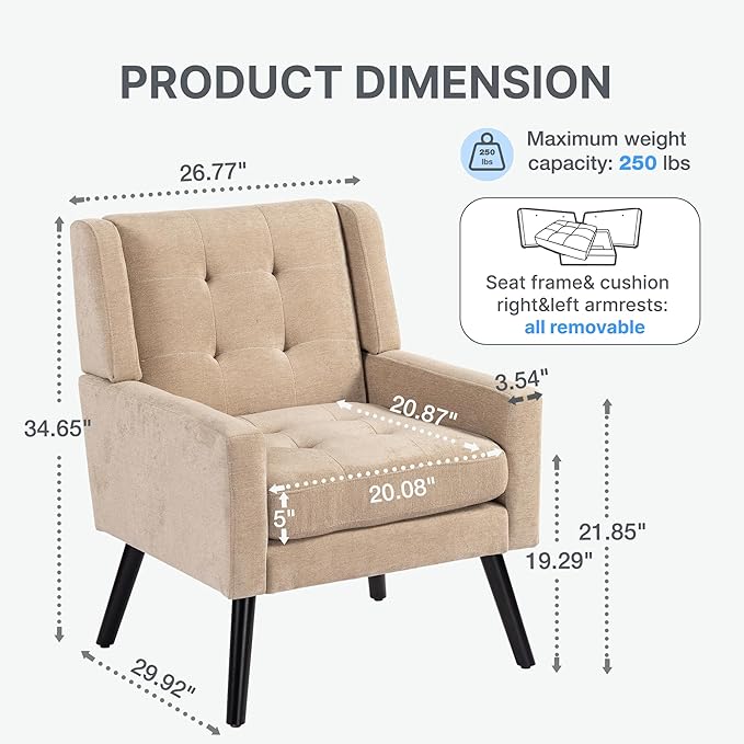 Mid-Century Modern Accent Chair Plush Linen Fabric with Button Tufted High Back &amp 5 Thick Cushion High Comfort Reading Chair for Living Room Bedroom Office (Beige)