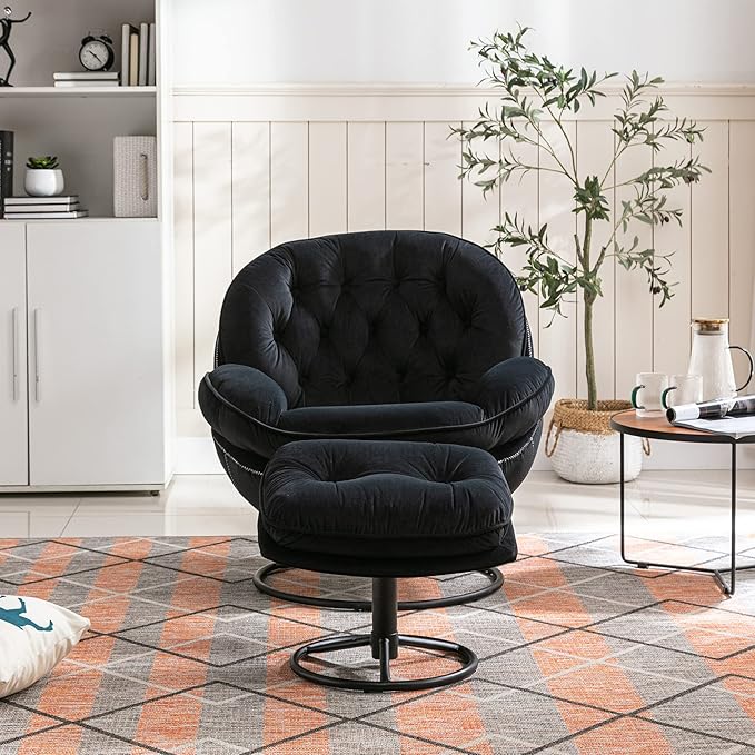 Bellemave Velvet Accent Chair with Ottoman Comfy Armchair with Footrest Modern TV Chair Living Room Chair for Living Room Bedroom Home Office Metal Base Frame (360 Degree Swiveling Black)