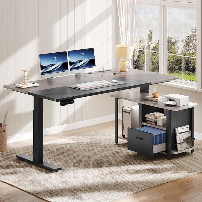 YITAHOME L Shaped Standing Desk with Power Outlets 70.1 Electric Standing Desk Adjustable Height Sit Stand Corner Standing Desks Executive Desk with Drawers &amp Shelves Grey + Black