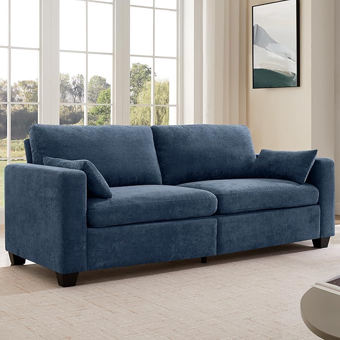 Modern Loveseat Sofa for Living Room Removable Cover Spring Cushions Solid Wood Frame Wide Armrest Chenille Fabric Recliner Couches for Small Space (Blue Chenille 81 inch)