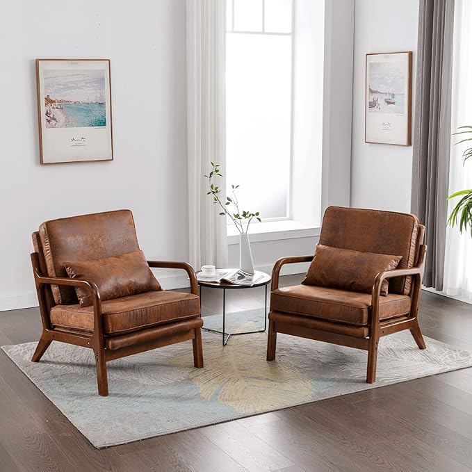 Mid Century Modern Accent Chair Set of 2 Living Room- Comfy Solid Wood Arm Chair with Lumber Pillow Lounge Decorative Brown Leather Office Side Chair Bedroom Reading Nook Sillas De Sala Microfiber
