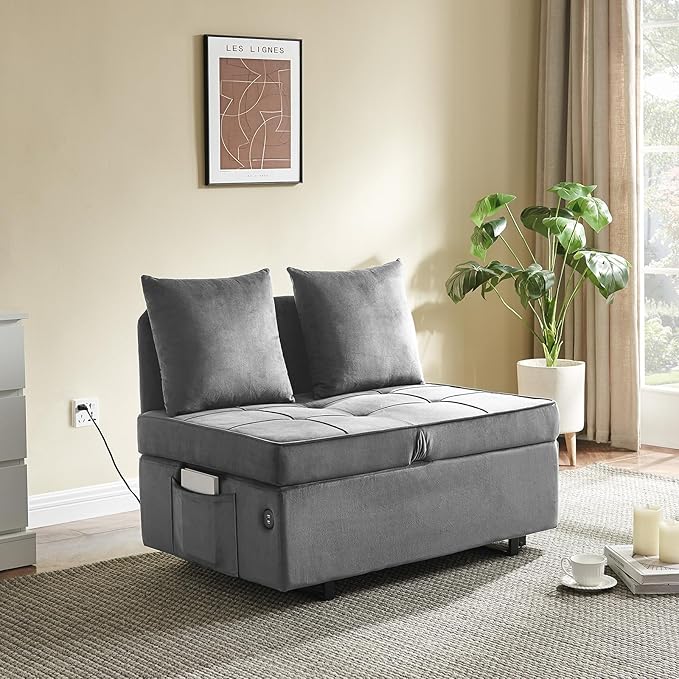 Sofa Bed 4-in-1 Convertible pull out Couch Velvet Love seat Couch Sleeper Chair Bed with 2 Throw Pillow Single Recliner with 5 Adjustable Backrests for Living Room Apartment Small Space Light Grey