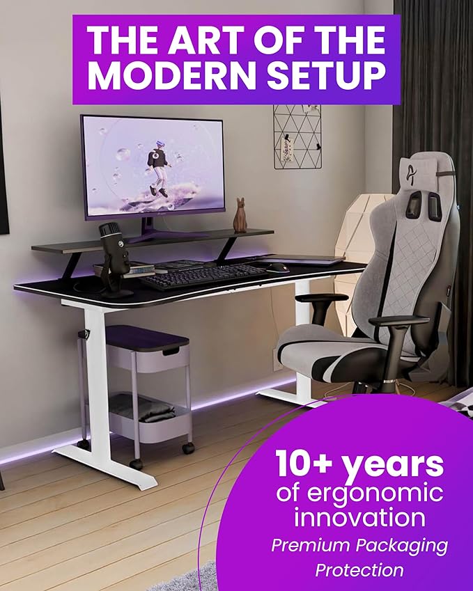 Arozzi Arena Medium Gamer Desk - 55x30” Steel Frame PC Gaming Desk with Storage for Cables &amp Dual-Monitor Support - Full-Surface Washable Mousepad - White