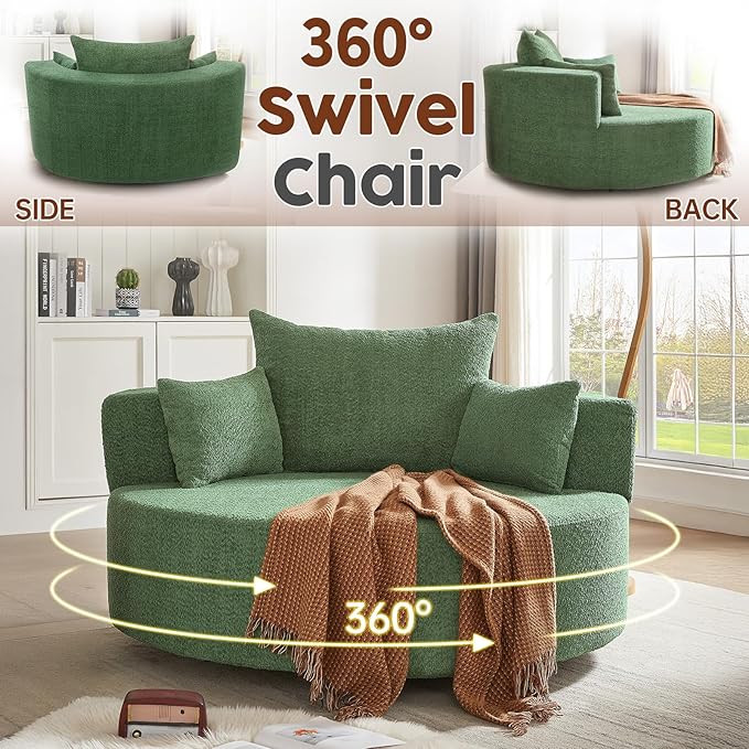 Antetek 360-Degree Swivel Accent Chair Oversized Modern Comfy Chenille Round Swivel Chaise Lounge Sofa Chair with Backrest Cushion &amp 2 Throw Pillows for Living Room Bedroom Office Green