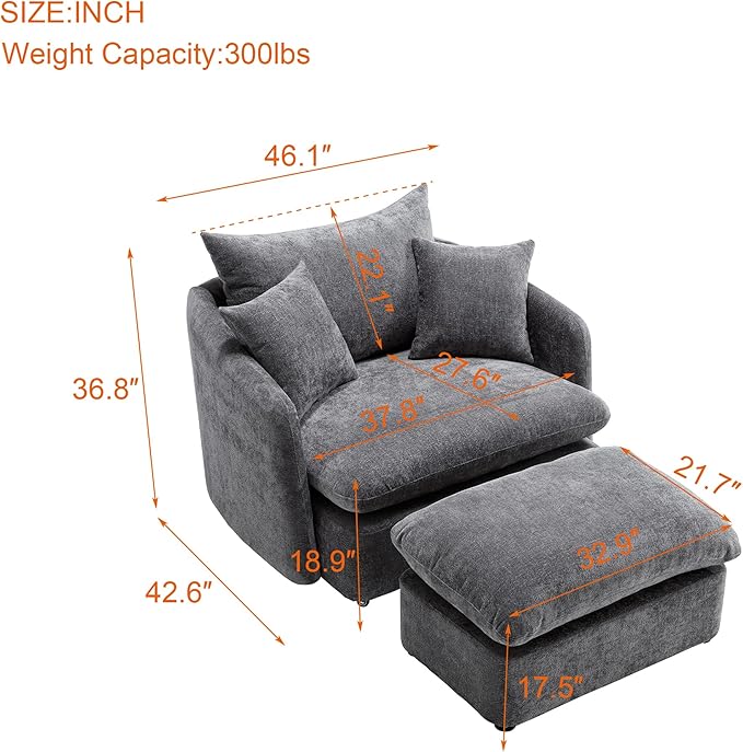 46.1 Wide Swivel Accent Chair with Ottoman Set of 2 Modern Swivel Barrel Chair for Living Room 360 Degree Oversized Accent Chair Upholstered Sofa Armchair for Bedroom Chenille Grey