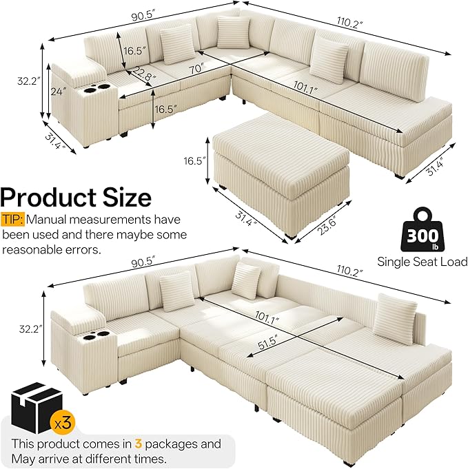 KEIKI 110 L-Shaped Oversized Plush Corduroy Modular Sectional Sofa with Pull-Out Bed Convertible 6-Seater Sleeper Couch Bed with 1 Ottomans &amp USB &amp Cup Holders Easy Assembly for Living Roo
