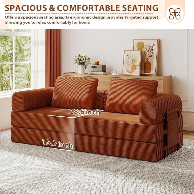 All-in-1 Folding Convertible Sofa Bed Boneless Futon Floor Couch Corduroy Fold Out Modular Lounge Comfy Loveseat Sleeper Lazy Cama for Living Room Bedroom Guestroom Orange（Narrow Stripes）