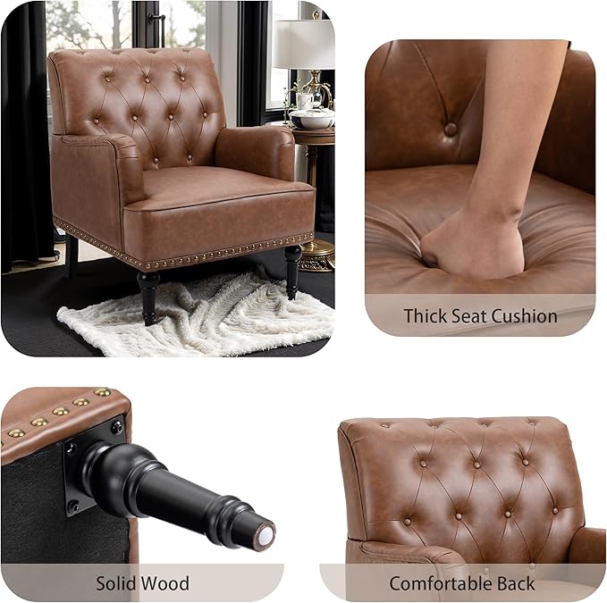 MOJAY Faux Leather Accent Chair Mid-Century Armchair Living Room Sofa Chair with Rubber Wood Leg Club Chair with Rivet Trim for Bedroom Reading Room Reception (Brown)