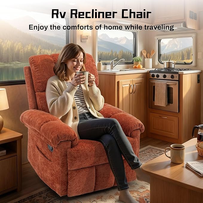 Recliner Chair Swivel Rocker Recliner Chair for Adults Small Recliners for Small Spaces Manual Recliner with Side Pockets Upholstered Nursery Rocking Chair for Living Room Chenille Orange