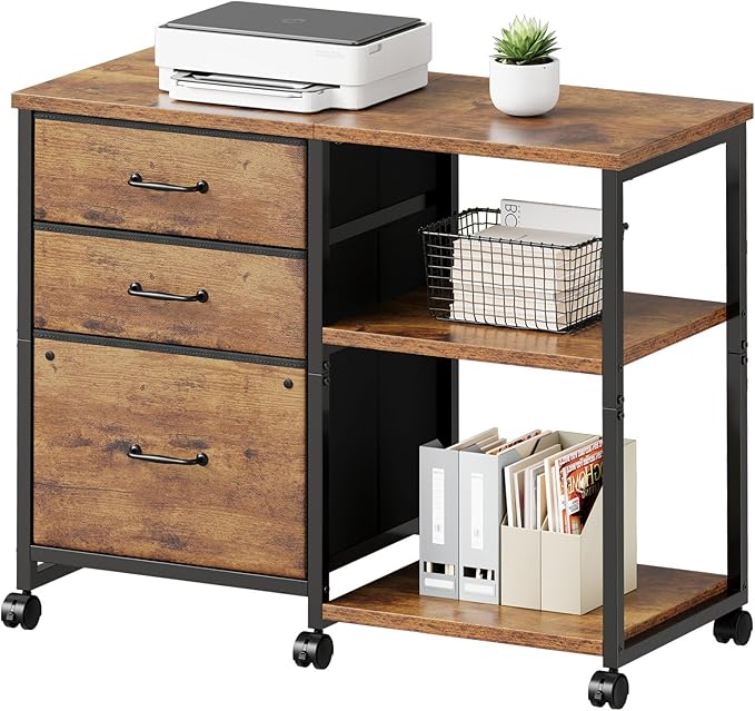 3 Drawer File Cabinet with Wheels Rolling Printer Stand with Open Storage Shelf Fabric Lateral Filing Cabinet for Home OfficeRustic Brown2