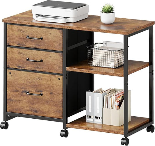 3 Drawer File Cabinet with Wheels Rolling Printer Stand with Open Storage Shelf Fabric Lateral Filing Cabinet for Home OfficeRustic Brown2