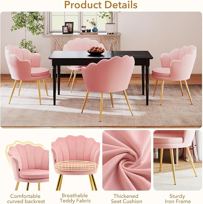 Furniliving Velvet Vanity Chair Shell Accent Chair for Living Room Upholstered Accent Chair with Gold Metal Legs Makeup Chair for Vanity Armchair Guest Chairs Side Chair for Bedroom (Pink 2)