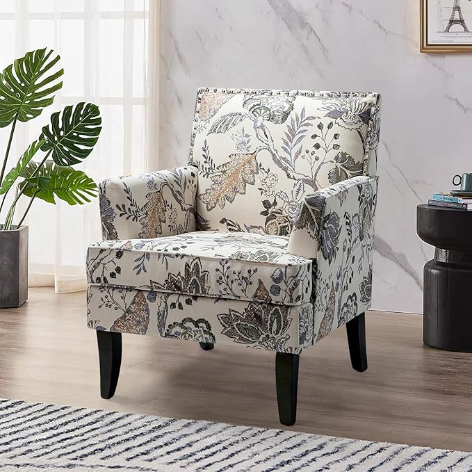 HULALA HOME Modern Accent Chair with Arms and Wooden Legs Floral Patterned Accent Chair Armchair High Back Rest Padded Armrest and Comfortable Cushioned Seat for Living Room (Orange Grey Floral)