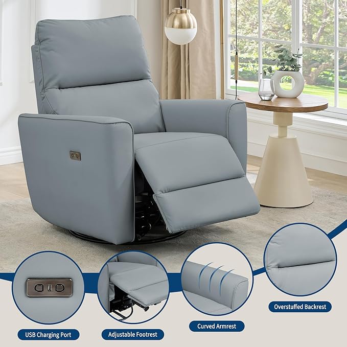 Power Recliner Chair Swivel Glider Faux Leather Upholstered Nursery Rocker Reclining Sofa Chair with Charging Port Curved Armrests &amp Padded Backrest for Living Room and Bedroom (Power Gray)