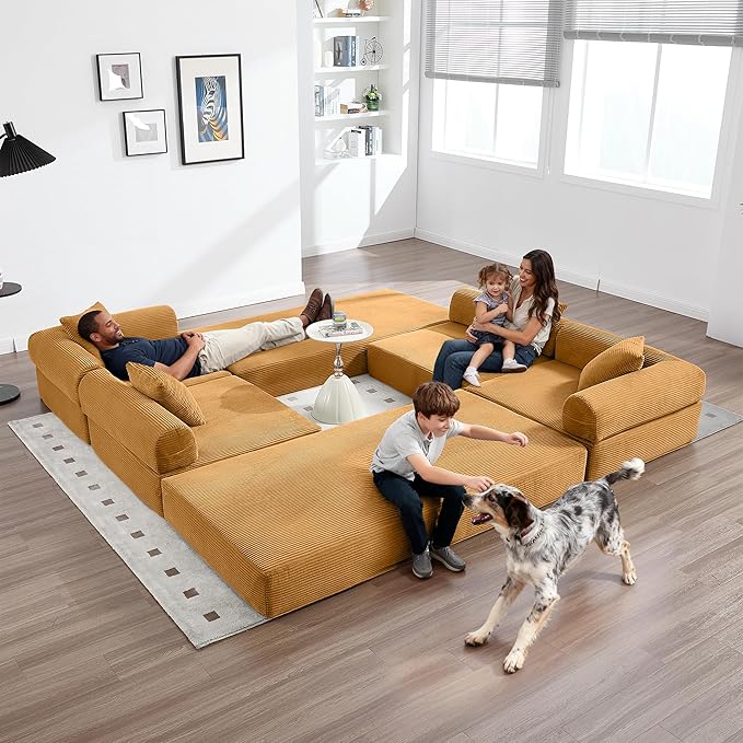 Oversized Modular Cloud Couch for Living Room Corduroy L-Shaped Sectional Sleeper Sofa Bed with Fixed-Shape Frame Modern Boneless Couch with Pillows &amp Storage Yellow