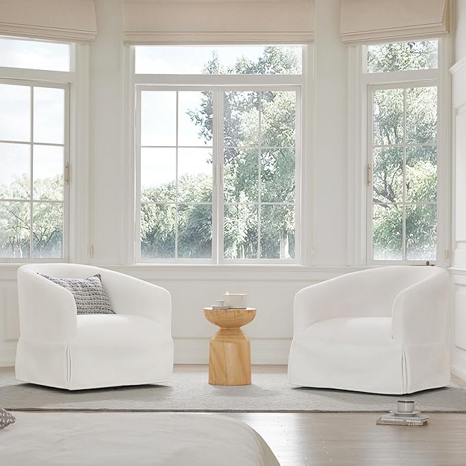 Swivel Accent Chair Set of 2 360 Degree Performance Fabric Armchair Modern Barrel Chairs Armchair for Living Room Bedroom Home and OfficeCream White