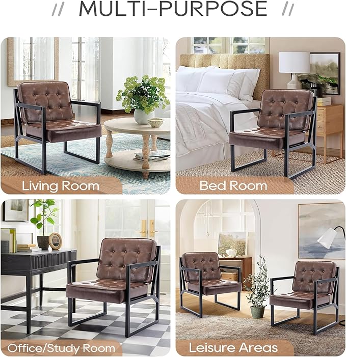 COLAMY Leather Accent Chairs Set of 2 Accent Arm Chairs for Living Room Comfy Leather Armchairs with Metal Legs for Bedroom Reception Room Brown
