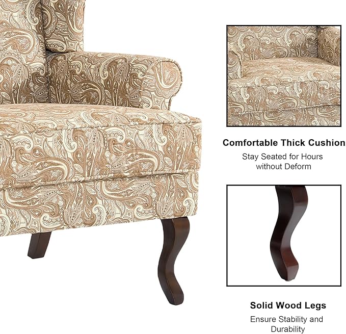 Accent Chair High Back Upholstered Armchair with High Resilience Sponge &amp Wood Legs Mid-Century Modern Comfy Single Sofa Reading Chairs for Living Room Bedroom - Paisley Sand Set of 1