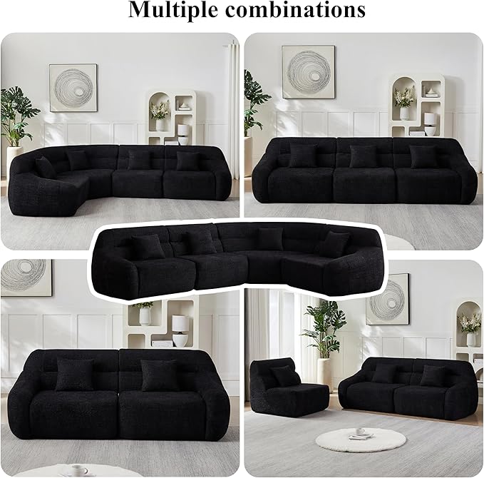 123 Oversized Boneless Chenille Curved Corner Sectional Sofa Modern Luxury 4 Pillows Modular Cloud 4-Seater Sofa High-Back Couch for Living Room (Black)