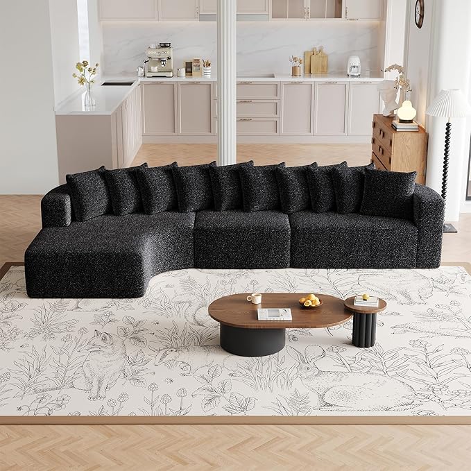 131” Oversized L Shaped Couch with Left Facing Chaise Corner Curved Modular Sectional Sofa with 10 Throw Pillows Chenille Memory Foam Compressed Sleeper Sofa Couch for Living Room Office Black