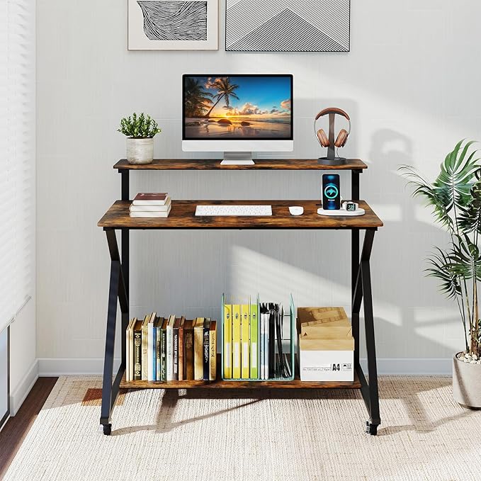 Giantex Rolling Computer Desk with Charging Station Mobile Portable Laptop Desk with Monitor Stand &amp Storage Shelf Small Desk with Lockable Wheels for Small Spaces Home Office (Rustic Brown)