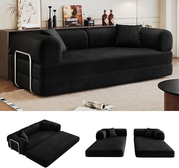 78.8'' Convertible Sofa Bed Boneless Couch in a Box Modular Corduroy Comfy Foldable Sleeper Compression Sofa Loveseat Couches for Living Room (Black 78.8 inch)