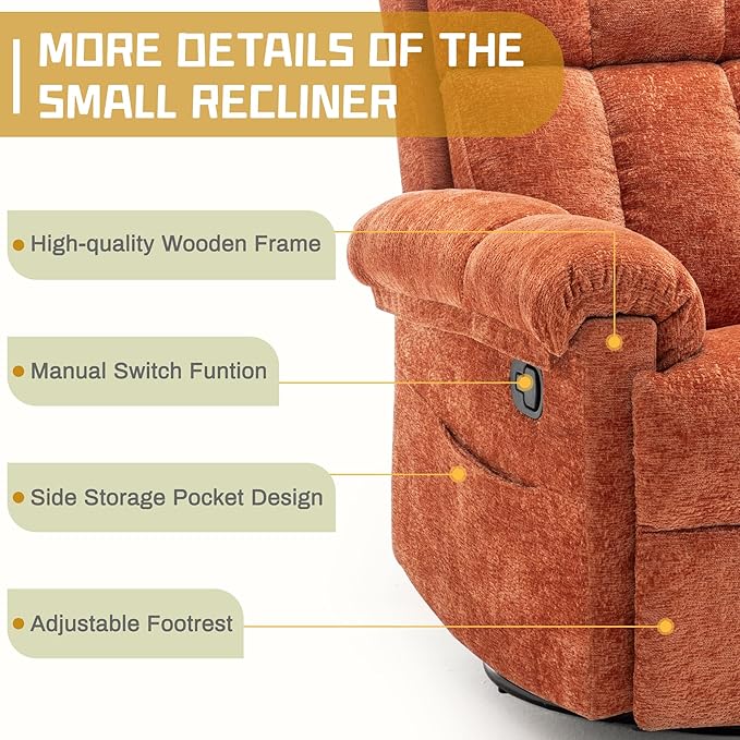 Recliner Chair Swivel Rocker Recliner Chair for Adults Small Recliners for Small Spaces Manual Recliner with Side Pockets Upholstered Nursery Rocking Chair for Living Room Chenille Orange