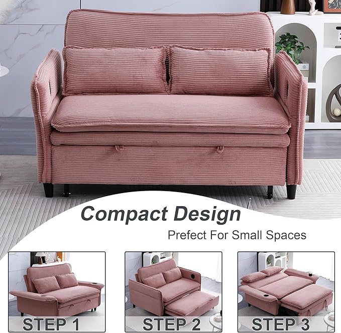 3 in 1 Convertible Sleeper Sofa Bed Loveseat Sleeper 65” Pull Out Couch Adjustable Armrest and Backrest with 2 Pillows for Living Room Bedroom (Pink)