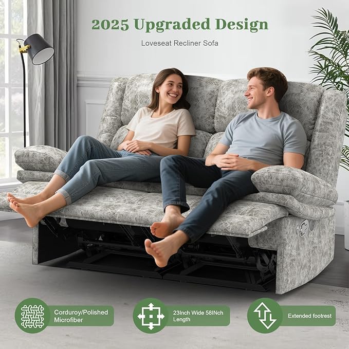 Loveseat Recliner Sofa 2 Seater Love Seat Reclining Sofa with USB Charge Ports &amp Cell Phone Holders 58Inch RV Dual Recliner Sofa Manual Couches for Living Room (Polished Microfiber)