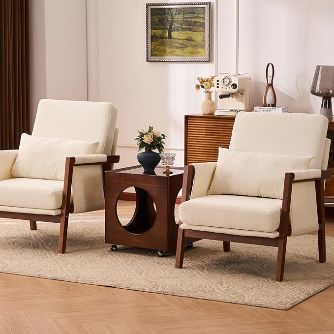 Accent Chairs Set of 2 Mid-Century Modern with Lumbar Support Pillow Upholstered Living Room Chairs with Wooden Chenille Armchair with Cushion Anthropologie Side Chair for Bedroom Beige