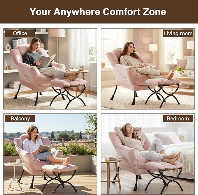 Welnow Lazy Chair with Ottoman Modern Accent Chair with Armrests and a Side Pocket Leisure Sofa Armchair Reading Armchair with Footrest for Small Space Pink
