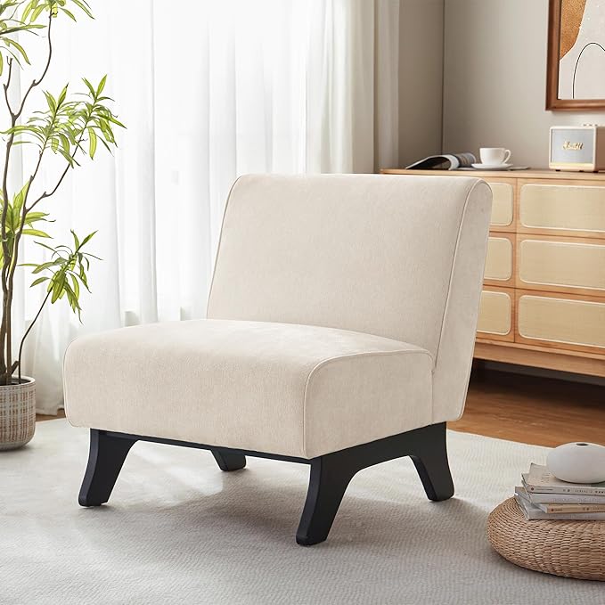 Upholstered Armless Accent ChairModern Comfy Living Room Chairs with Wooden Legs&amp PillowsLounge Sofa Side Corner Chair for Bedroom Farmhouse Reading (Beige 1 PC)