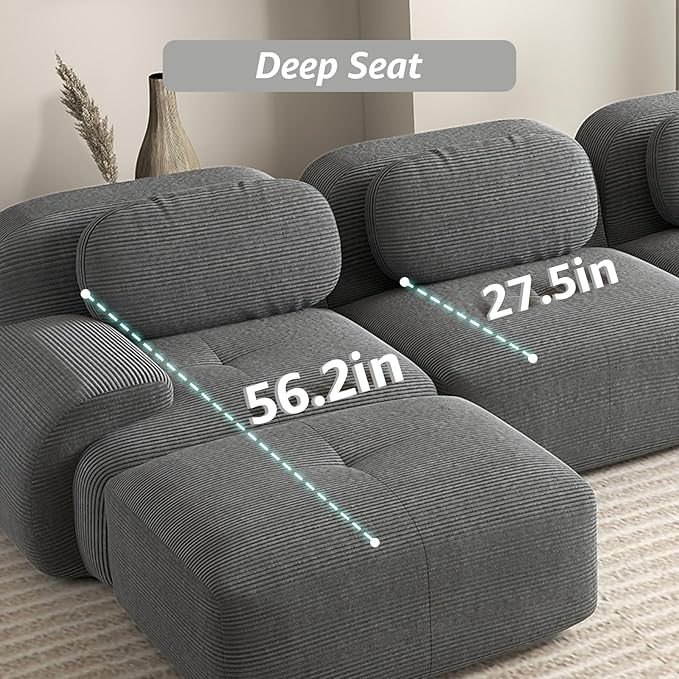 152 Modern Boneless Couches for Living Room Corduroy Cloud Couch Sectional Grey Modular Sectional Sofa 4 Seater Sofas for Living Room Sofas para Sala Deep Seat Couch (Gray 4 Seater)