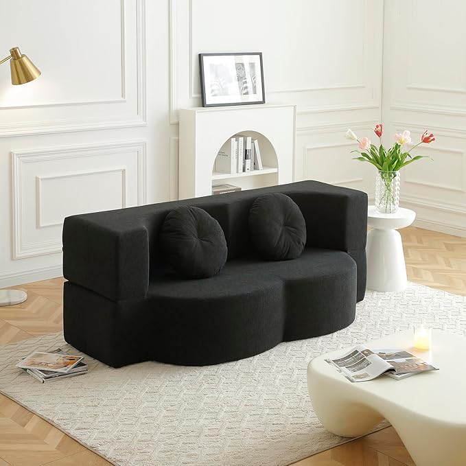 KEIKI 2-in-1 Folding Sofa Bed with Pillow Queen Sleeper Sofa Floor &amp Futon Loveseat Couch Foam Folding Mattress for Living Room Guest Use Office Apartment No Assembly Required Black