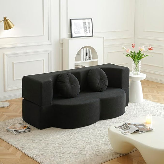 KEIKI 2-in-1 Folding Sofa Bed with Pillow Queen Sleeper Sofa Floor &amp Futon Loveseat Couch Foam Folding Mattress for Living Room Guest Use Office Apartment No Assembly Required Black