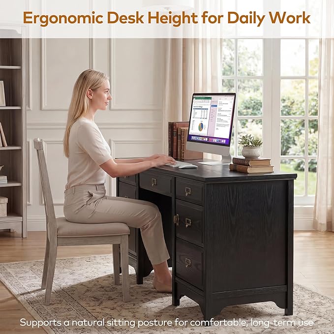 Chogori 55 Solid Wood Executive Desk Farmhouse Office Computer Desk with 5 Drawers &amp Storage Cabinet Wooden Writing Table for Home Office Study Bedroom (Black)