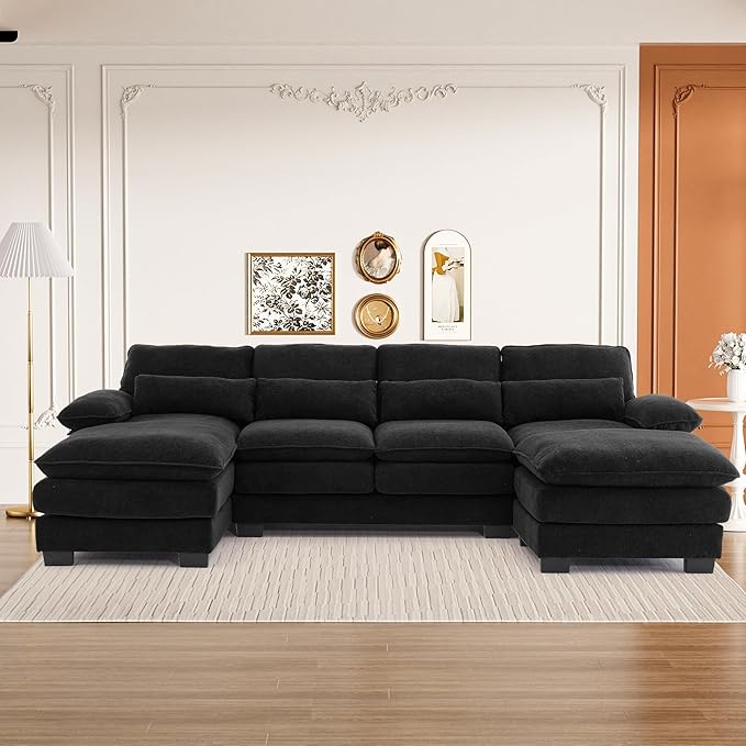 114 U Shaped Cloud Couch Sectional Modular Sofa Sectional Couches for Living Room Modern Comfy Chenille Modular L Shaped Sofa Set with Chaise Lounge Ottoman Black