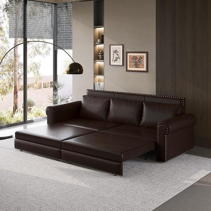 93.7 King Size Chesterfield 3-seat Pull Out Sofa Bed Leather Sofa Bed with Nailhead Trim and Rolled Arm 3-in-1 Sofa Sleeper for Living Room Apartment Office Dark Brown