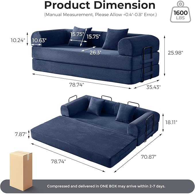 5-in-1 Convertible Cloud Sofa Bed | 79 High-Density Foam with Plush Seat &amp Straight Armrests | No-Assembly Folding Bed for Small Space Living Room Apartment (Navy Blue)