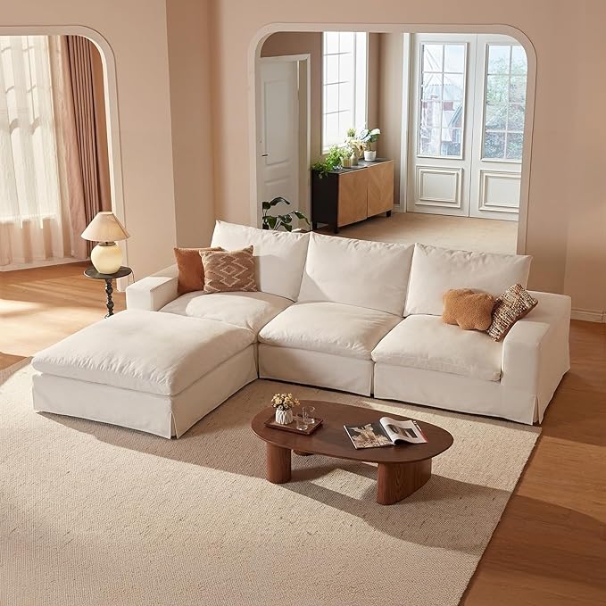 Cloud Couch Sectional Oversized Modular Sofa with 35'' Deep Seat Boneless Couch L-Shape Comfy Sofa Stain-Resistant White Sectional Couches for Living Room Apartment 3 Seater + 1 Ottoman