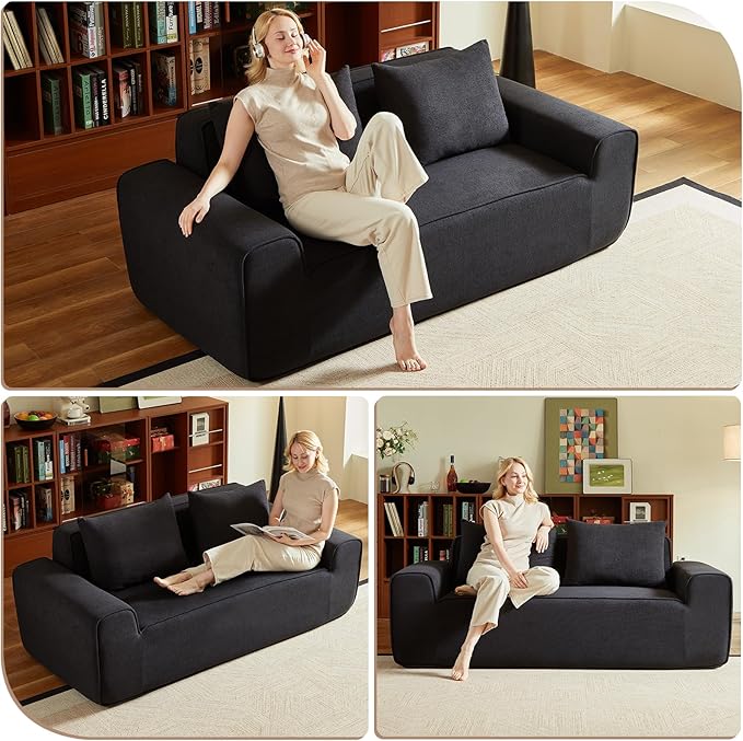 Boneless Couch 3 Seater Foam Sofa 76 Comfy Deep Seat Sofa with 2 Pillows Modern Velvet Cloud Couch for Living Room Apartment Wide Armrests (Black)
