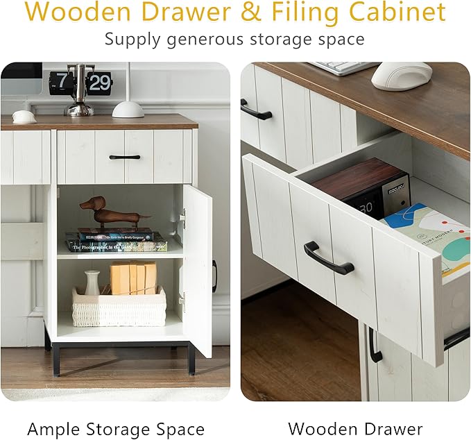 Farmhouse 47 Executive Desk Home Office Desk with File Drawer and Power Outlet Computer Desk with 2 Drawers and 1 Storage Cabinet Workstation for Office Home (White)
