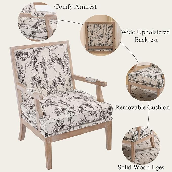 Modern Farmhouse Striped Accent Chair Wide Upholstered Living Room Chair with Armrest Pads Coastal French Country Wooden Armchair for Bedroom Guest Room Striped Linen Fabric