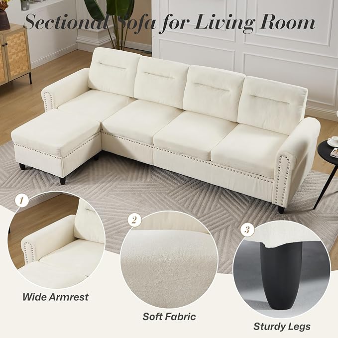 ABET 106 Inch Modular L-Shaped Sectional Couch with Ottoman 4 Deep Seat Convertible Sofa with Ottoman Nailhead Decor Comfy Upholstered Cushion for Living Room Bedroom Apartment Off-White-Beige