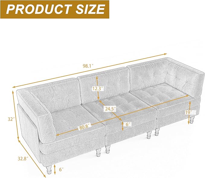 3-Seater Modular Sectional Sofa Couch 98 Upholstered Cloud Sofa Bed with Deep Seat for Living Room Bedroom and Apartment Comfy Fluffy Sleeper Sofa